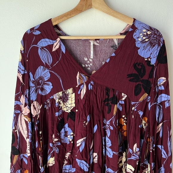 Free People Bella Floral Bell Sleeve Tunic Maroon Print V-Neck Blouse XS - Picture 3 of 10